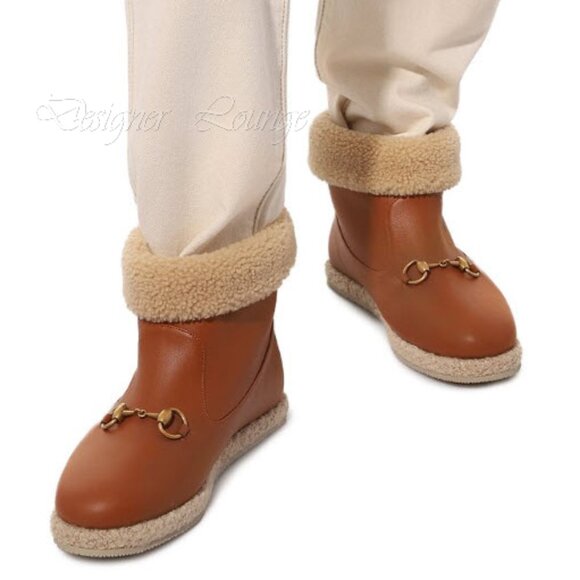 NEW GUCCI Horsebit Cognac Leather Shearling Ankle Booties EU 38 / US 8 - Picture 5 of 15